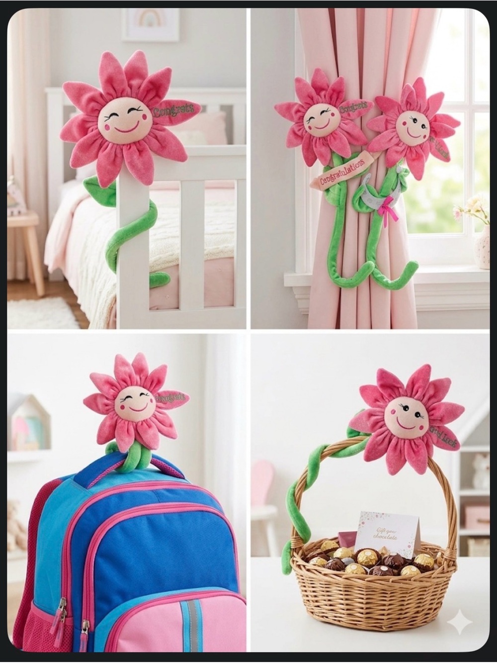 Set of 2 Bendable Plush Flowers Pink Smiley Sunflowers Congrats and Good Luck